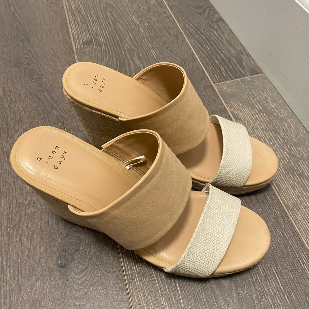 Tan and white espadrille style platform sandals